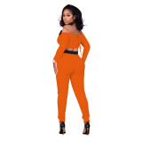 Women's Sexy Crop Deep V Neck Off Shoulder Patchwork Top Slim Pants two piece set