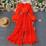 Women Retro One Piece V-Neck Puff Sleeve Slim Waist Slim Fit Ruffle Wide Leg Jumpsuits