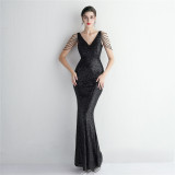 Chic Elegant Sequined Beaded Prom Dress Long Formal Party Slim Fit Evening Dress