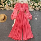 Women Retro One Piece V-Neck Puff Sleeve Slim Waist Slim Fit Ruffle Wide Leg Jumpsuits