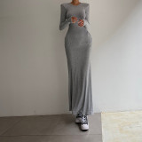 Women's Fall Solid Casual Round Neck Long Sleeve Slim Fit Fishtail Maxi Dress