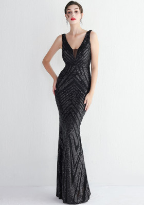Plus Size Beauty Elegant Sequins Sleeveless V-neck Mermaid Formal Party Evening Dress