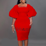 Women's Puff Sleeve Lace Patchwork Sexy Bodycon Dress Africa Plus Size Dress