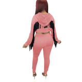 Women's Fringe Bat Sleeve Hooded Sports Zipper two piece Pants Set Tracksuit