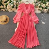 Women Retro One Piece V-Neck Puff Sleeve Slim Waist Slim Fit Ruffle Wide Leg Jumpsuits