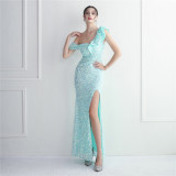 Elegant Sequin Ruffled One Shoulder Slit Prom Dress Slim Fit Fishtail Formal Party Evening Gowns