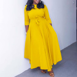 Women's Fall Winter Fashion Chic Solid long sleeve Belted African Plus Size Maxi Dress