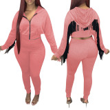 Women's Fringe Bat Sleeve Hooded Sports Zipper two piece Pants Set Tracksuit