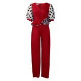 Women's V-Neck Slim High Waist Mesh Patchwork Plus Size Jumpsuit