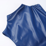 Women Sexy Mid Turtleneck Pu Leather Sleeveless Bodycon Dress