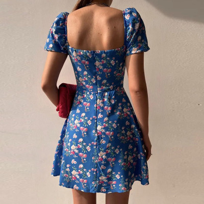 Summer Women Backless Puff Sleeve Floral French Dress