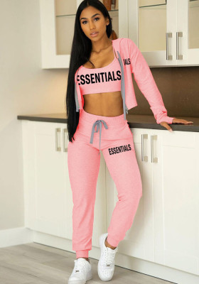 Women Solid Letter Print With Hood Pocket Tops And Pant Three-Piece