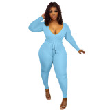 Women Fall/Winter Ribbed V-Neck Tie Jumpsuit
