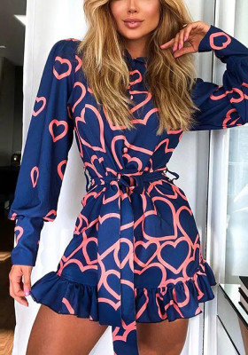 Women Heart Print Shirt Neck Tie Long Sleeve Dress