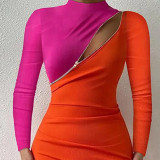 Women Colorblock Half Turtleneck Zip Dress