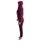 Women Solid Fleece Zip Hoodies and Pant Two-Piece Set