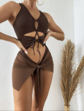 Women Solid Ribbed One Piece Swimwear Skirt mesh bikini