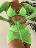 Women mesh Solid Color Sexy Beach Sunscreen Swimwear Three-Piece