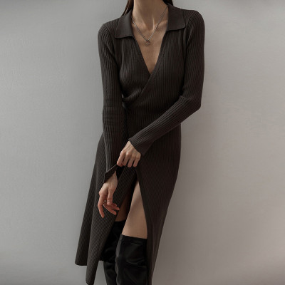 Women French Style V-Neck High Slit Lace-Up Dress