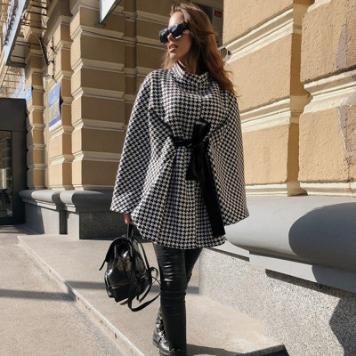 Women Houndstooth Wool Loose Lace-Up Cape Coat