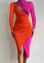 Women Colorblock Half Turtleneck Zip Dress