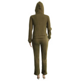 Women Solid Fleece Zip Hoodies and Pant Two-Piece Set