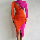 Women Colorblock Half Turtleneck Zip Dress