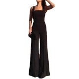 Women Fall Square Neck Backless Crossover Jumpsuit