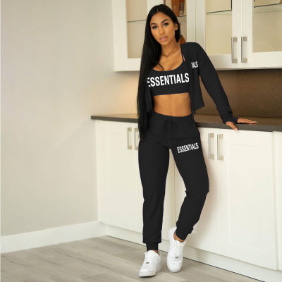 Women Solid Letter Print With Hood Pocket Tops And Pant Three-Piece