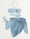 Women Drawstring Lace-Up Skirt Mesh Swimwear Three-Piece