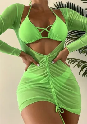 Women mesh Solid Color Sexy Beach Sunscreen Swimwear Three-Piece