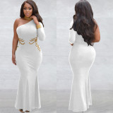 Fashion Women's Solid Beaded One Shoulder Long Sleeve Maxi Dress