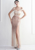 Fleece Sequin Long Formal Party Slim Evening Dress