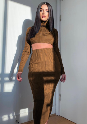 Women's Fall/Winter Turtleneck Ribbed Long Sleeve Skirt Career Slim Two Piece Set