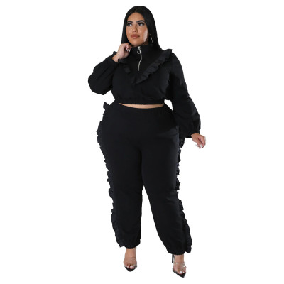 Fashion Plus Size Fall/Winter Women's Zip Stand Collar Frill Pants Set Solid Color Two Piece