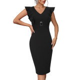 Women Fashion Sexy Chic Elegant Bodycon Professional Slim Waist Patchwork Midi Career Dress