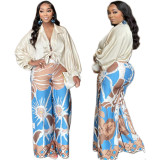 Women'S Fashion Loose Print Bat Sleeves Balloon Sleeve Shirt Wide Leg Pants Two Piece Set