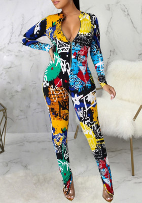 Women'S Print Pocket Slit Tight Fitting Jumpsuit With Face Mask