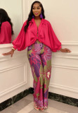 Women'S Fashion Loose Print Bat Sleeves Balloon Sleeve Shirt Wide Leg Pants Two Piece Set
