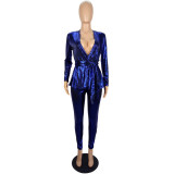 Women'S Slim Fashion Shiny Long Sleeve Suit With Belt