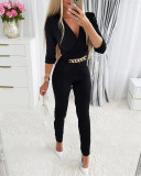 Women'S Autumn Black V-Neck Chain Jumpsuit