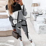 Autumn Winter Print Round Neck Long Sleeve Sweatshirt Pocket Trousers Casual Two Piece Pants Set