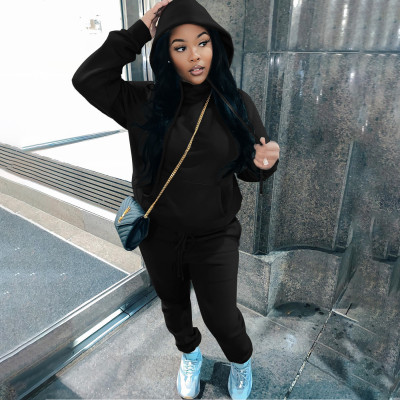 Women'S Fashion Casual Solid Color Fleece Hoodies Two Piece Tracksuit