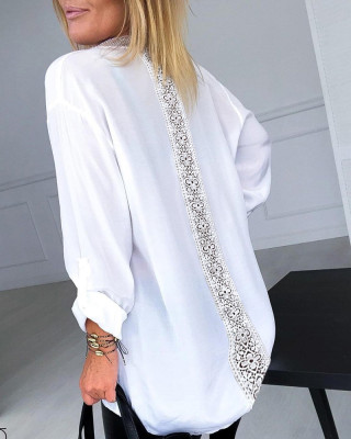 Women'S Fashion White Sequin Patchwork Long Sleeve Shirt