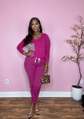 Women'S Fashion V-Neck Solid Leopard Print Colorblock Sports Casual Two Piece Pants Set