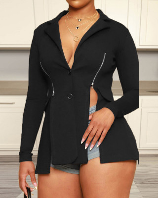 Women'S Fashion Black Zip Slit Slim Blazer