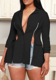 Women'S Fashion Black Zip Slit Slim Blazer