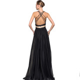 Women'S Chiffon Contrast Sleeveless V-Neck Patchwork Long Evening Dress