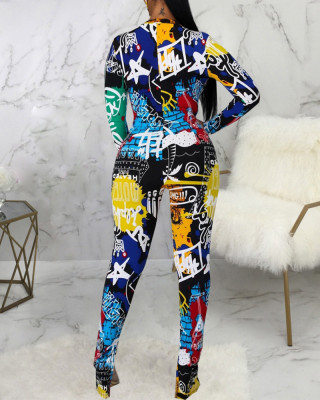 Women'S Print Pocket Slit Tight Fitting Jumpsuit With Face Mask