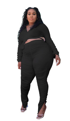 Plus Size Women Solid V-Neck Lace-Up Pleated Long Sleeve Top and Pant Two Piece